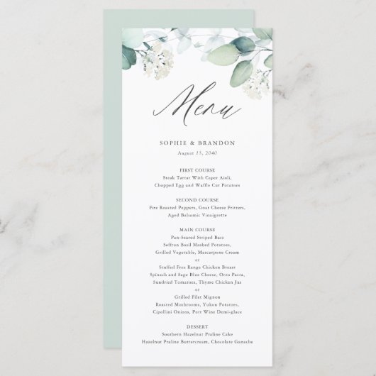 Menu Boho Aquarelle Eucalyptus Feuille Mariage vert (Devant / Derrière)