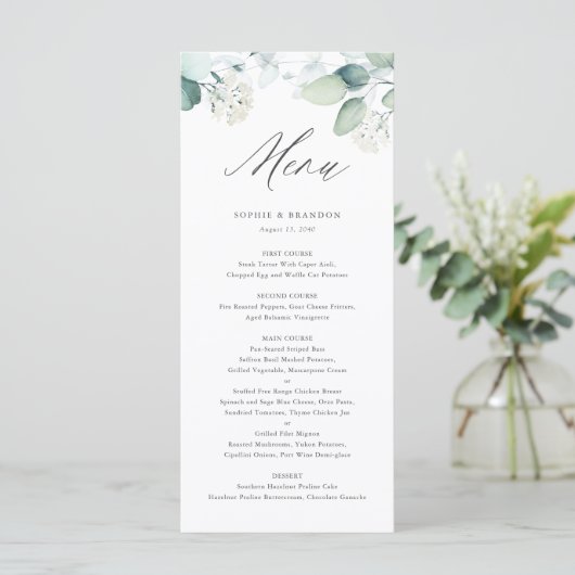 Menu Boho Aquarelle Eucalyptus Feuille Mariage vert (Debout devant)