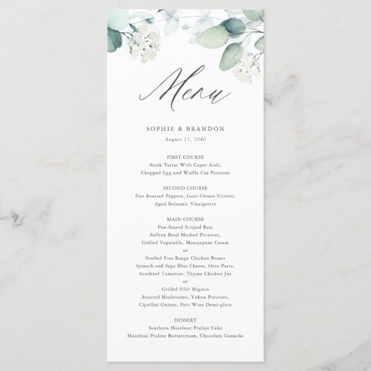 Menu Boho Aquarelle Eucalyptus Feuille Mariage vert (Devant)