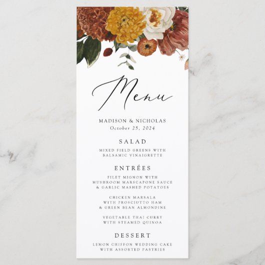 Menu Boho Automne Mariage Floral (Devant)