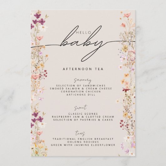 Menu Boho Beige Fleur sauvage Floral Hello Baby shower (Devant)