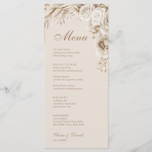 Menu Boho Beige séché Fleur et blanc Roses Mariage (Devant)