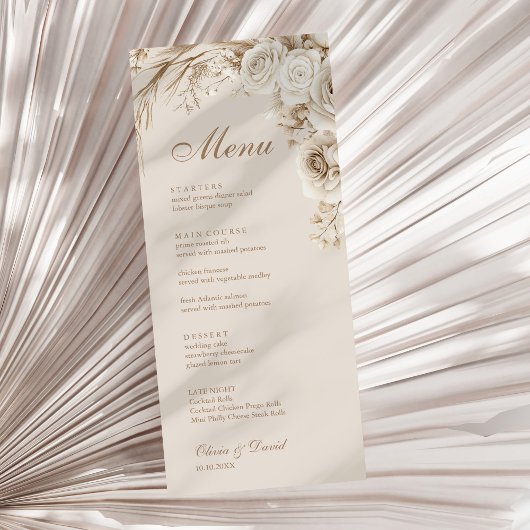 Menu Boho Beige séché Fleur et blanc Roses Mariage