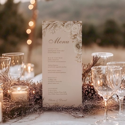 Menu Boho Beige séché Fleur et blanc Roses Mariage