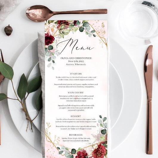 Menu Boho bleu bordeaux mariage géométrique fleuri