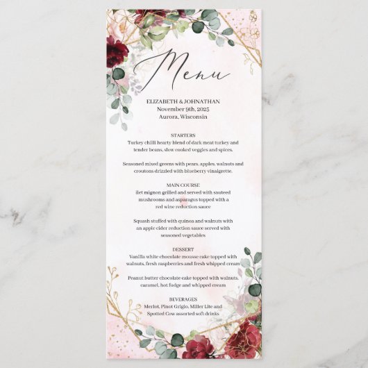 Menu Boho bleu bordeaux mariage géométrique fleuri (Devant)