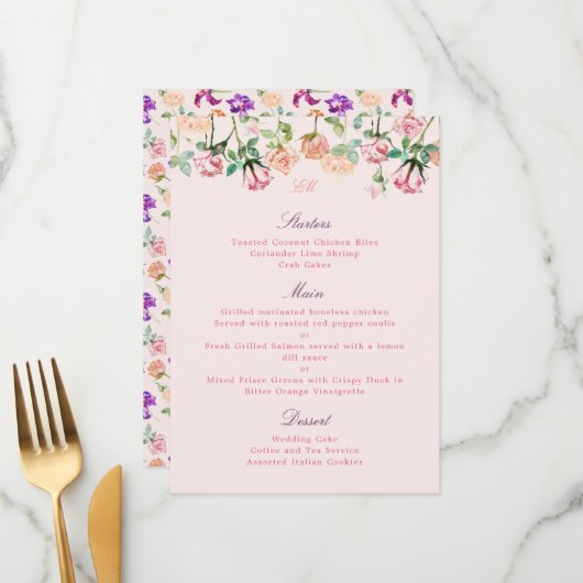 Menu Boho Botanique Romance Aquarelle Roses (Devant/Arrière en situation)