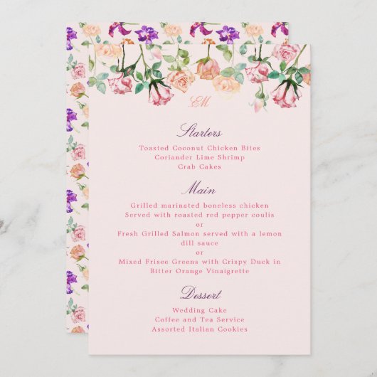 Menu Boho Botanique Romance Aquarelle Roses (Devant / Derrière)