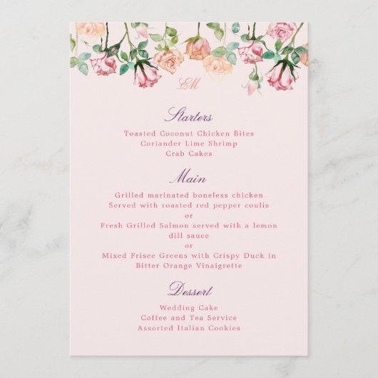 Menu Boho Botanique Romance Aquarelle Roses (Devant)
