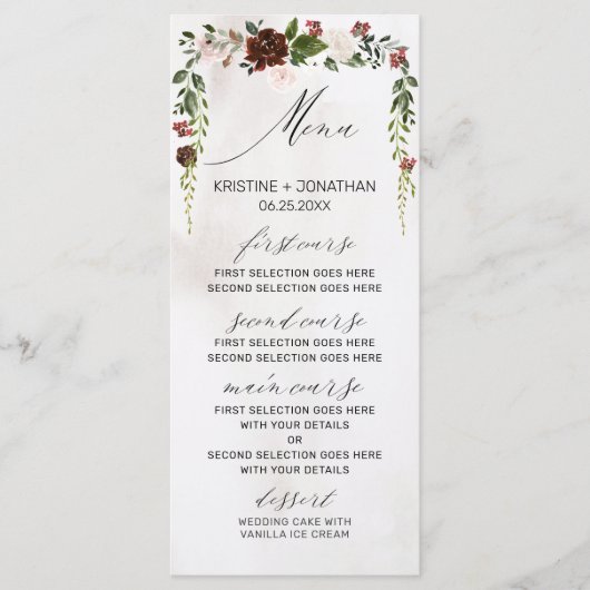 Menu Boho Burgundy Rose Rose Aquarelle Mariage Floral (Devant)