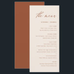 Menu Boho Calligraphie manuscrite Terracotta Mariage<br><div class="desc">Ajoutez un accent élégant à votre paysage de table d'événements avec cette carte de menu personnalisable. Il présente un script fantaisiste et une typographie simple. Personnalisez cette carte de menu boho en ajoutant vos propres détails. Cette carte en terre cuite et blanche est parfaite pour les mariages, les douches nuptiales,...</div>