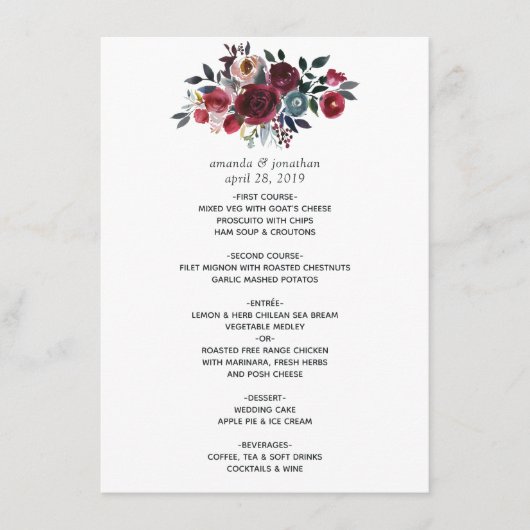Menu Boho Chic Bourgogne et Mariage floral Navy (Devant)