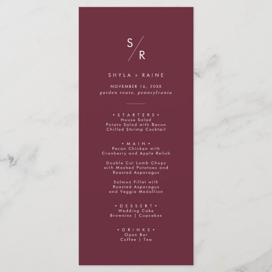 Menu Boho Chic Bourgogne Rouge Monogramme Mariage (Devant)