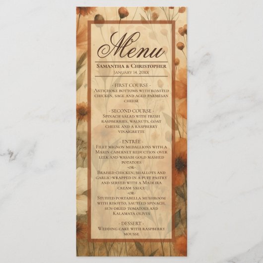 Menu Boho Chic Burnt Sienna Watercolor Floral Wedding (Devant)