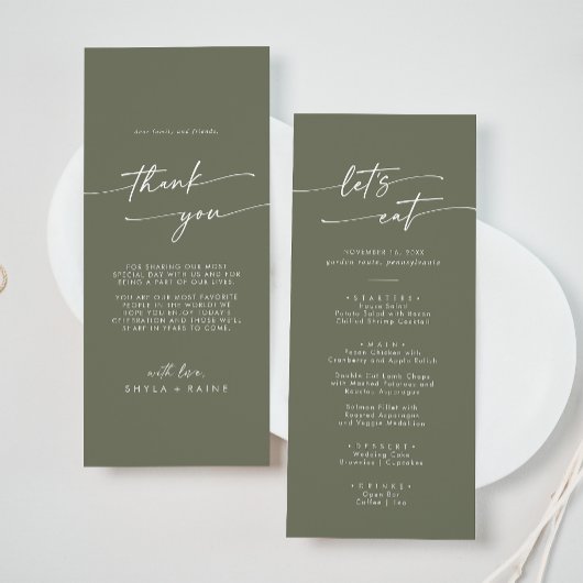Menu Boho Chic Merci vert olive et Mariage