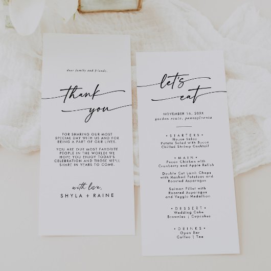 Menu Boho Chic noir et blanc Merci et Mariage