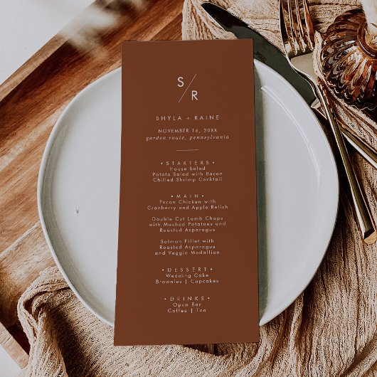 Menu Boho Chic Terracotta Monogram Mariage