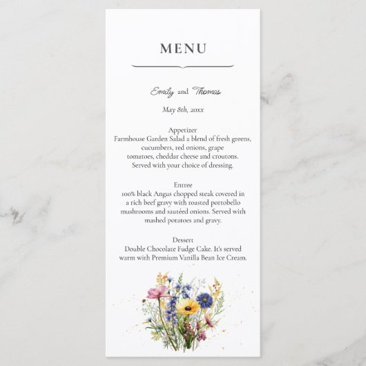 Menu Boho Chic Wildflower Simple Wedding (Devant)