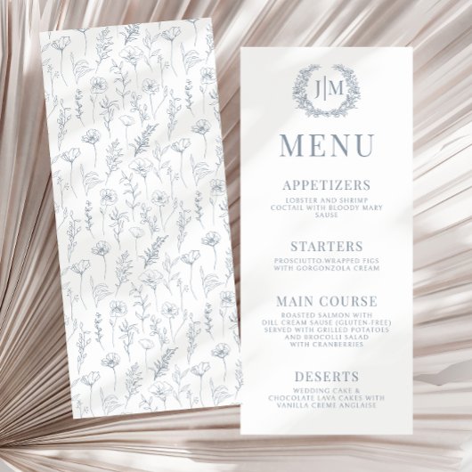 Menu boho classique à fleurs bleues poussiéreuses 