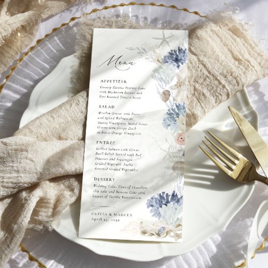 Menu Boho Elegant Ocean Beach Coral Blue Mariage