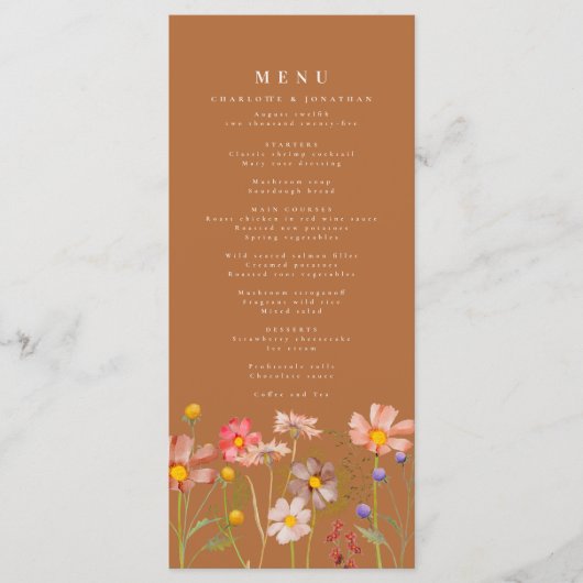Menu Boho Fall Floral Bural Orange Mariage (Devant)