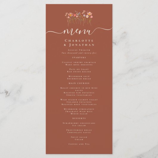 Menu Boho Fall Wildflower Terracotta Rust Wedding (Devant)