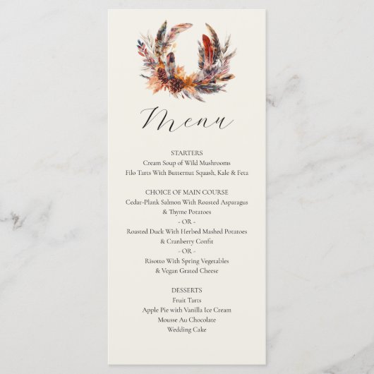 Menu Boho Feathers Wreath Calligraphy Mariage de automn (Devant)
