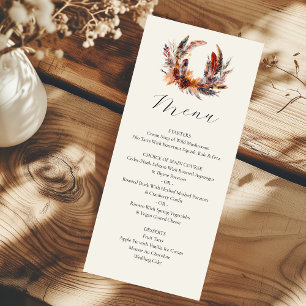 Menu Boho Feathers Wreath Calligraphy Mariage de automn