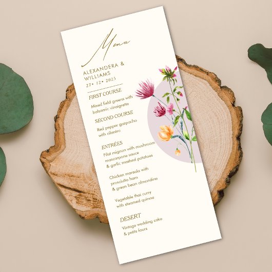 Menu Boho Fleur sauvage de printemps unique Mariage Whi