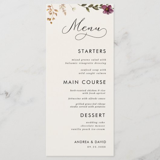 Menu Boho Fleur sauvage Ivory Cream Mariage Trois cours (Devant)