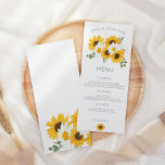 Menu Boho Fleurs sauvages Sunflowers Feuille Mariage<br><div class="desc">Beaux tournesols et fleurs pour vos tables mariages avec un beau bouquet de fleurs sauvages en haut avec vos noms courbés au-dessus et un motif de tournesol en bas et coordonnant floraux à l'arrière. La typographie est simpliste, élégante et facilement personnalisée selon vos propres détails. Vous pouvez également modifier le...</div>