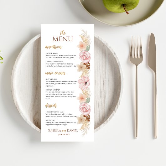 Menu Boho Floral Élégant Bohème Mariage de ton de la Te