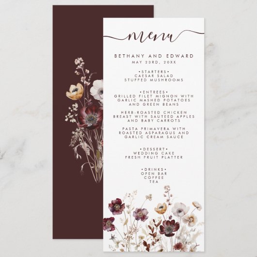 Menu Boho Floral Mariage (Devant / Derrière)