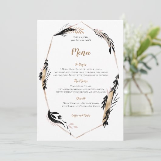 Menu Boho Gold et Black Feather Feuilles   de cadre Mar (Debout devant)