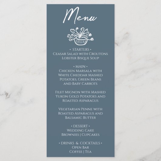 Menu Boho Marina Bleu Mariage Floral Dessiné à la Main (Devant)