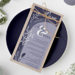 Menu Boho marine bleu floral noms script arch mariage<br><div class="desc">Un menu mariage audacieux et rustique moderne dans le désert boho. Tout le texte,  les noms et les couleurs arrière - plans sont personnalisables,  en arc rustique photo avec bohème désert bleu marine poussiéreux,  avec éditable floral séché pampas herbe.</div>