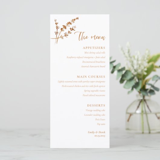 Menu Boho Minimalist Orange Floral Mariage (Debout devant)