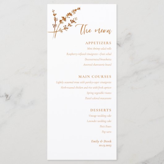 Menu Boho Minimalist Orange Floral Mariage (Devant)