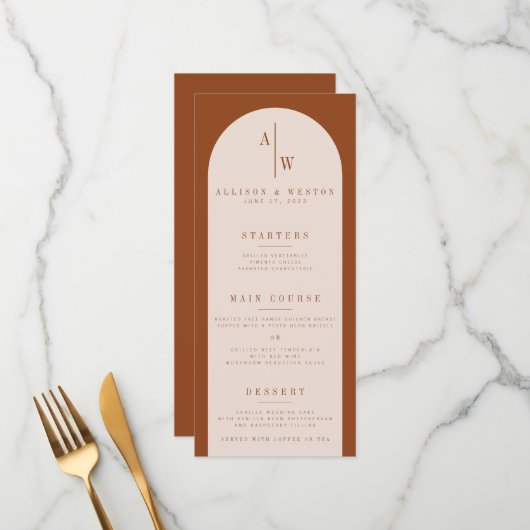 Menu Boho Minimaliste Burnt Orange Mariage (Devant/Arrière en situation)