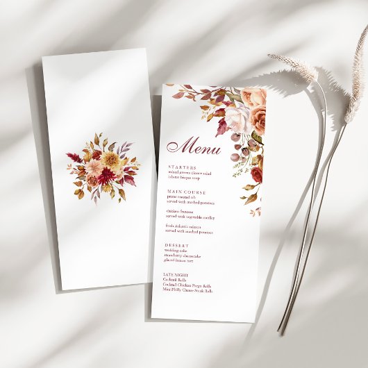 Menu Boho Moderne Orange Brûlé Terracotta Fleurs Mariag