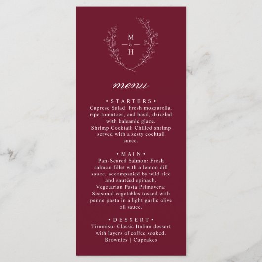 Menu Boho Monogram Elegant Burgundy Wedding Dinner (Devant)