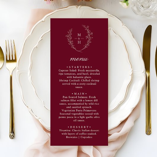 Menu Boho Monogram Elegant Burgundy Wedding Dinner