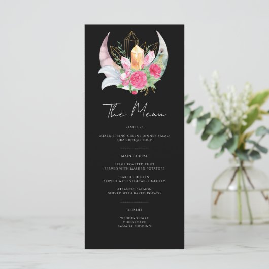 Menu Boho Moon Crystals Plumes rose Fleurs Mariage (Debout devant)