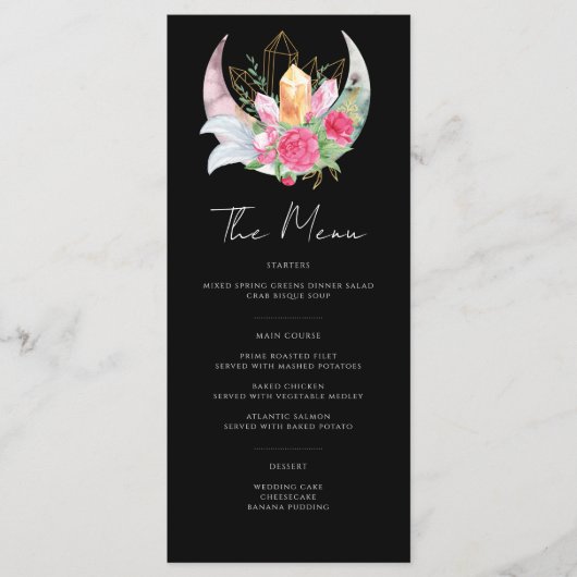 Menu Boho Moon Crystals Plumes rose Fleurs Mariage (Devant)