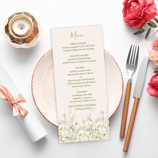 Menu Boho Neutral Blanc Aquarelle Fleur sauvage Mariage