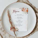 Menu Boho orange rustique | Mariage blanc aquarelle<br><div class="desc">Ces magnifiques menus mariages romantiques présentent un style boho branché et une élégante calligraphie bordeaux. Des bouquets bohèmes rustiques de fleurs orange, pêche, rougies et taupes et des feuilles botaniques neutres décorent les coins, avec des éclats d'aquarelle subtils assortis sur un arrière - plan blanc avec des éclaboussures d'aquarelle moelleuse....</div>