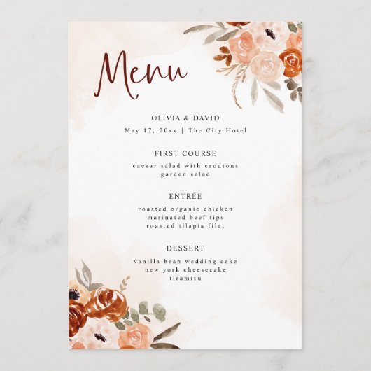 Menu Boho orange rustique | Mariage blanc aquarelle (Devant)