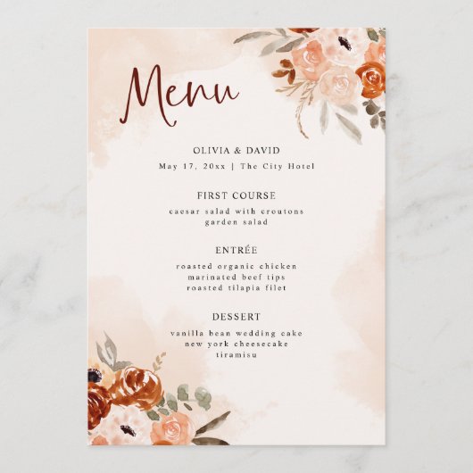 Menu Boho orange rustique | Mariage d'aquarelle (Devant)