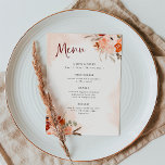 Menu Boho orange rustique | Mariage d'aquarelle<br><div class="desc">Ces magnifiques menus mariages romantiques présentent un style boho branché et une élégante calligraphie bordeaux. Des bouquets bohèmes rustiques de fleurs orange,  pêche,  rougies et taupes et des feuilles botaniques neutres décorent les coins,  avec des éclaboussures d'aquarelle assorties sur un arrière - plan moelleux.</div>