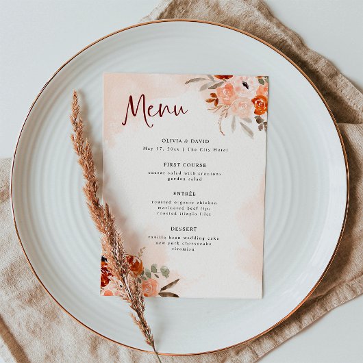 Menu Boho orange rustique | Mariage d'aquarelle